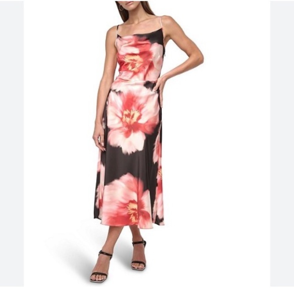 DKNY Black and Pink Floral Maxi Sleeveless Dress
